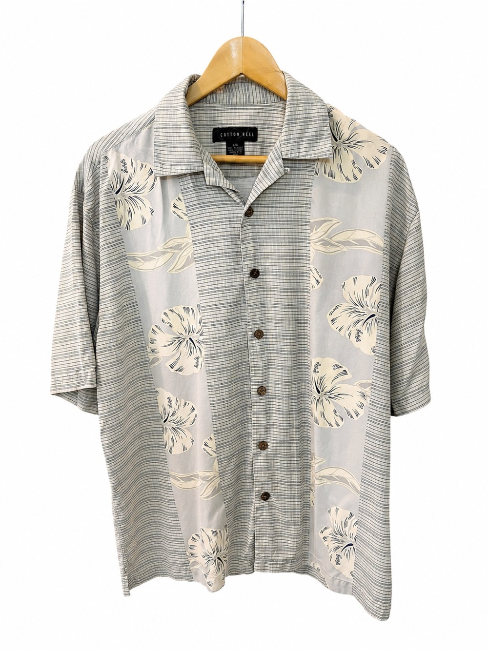 Cotton Reel Men’s Large 100% Silk Hawaiian Shirt Beige Floral Camp Collar
